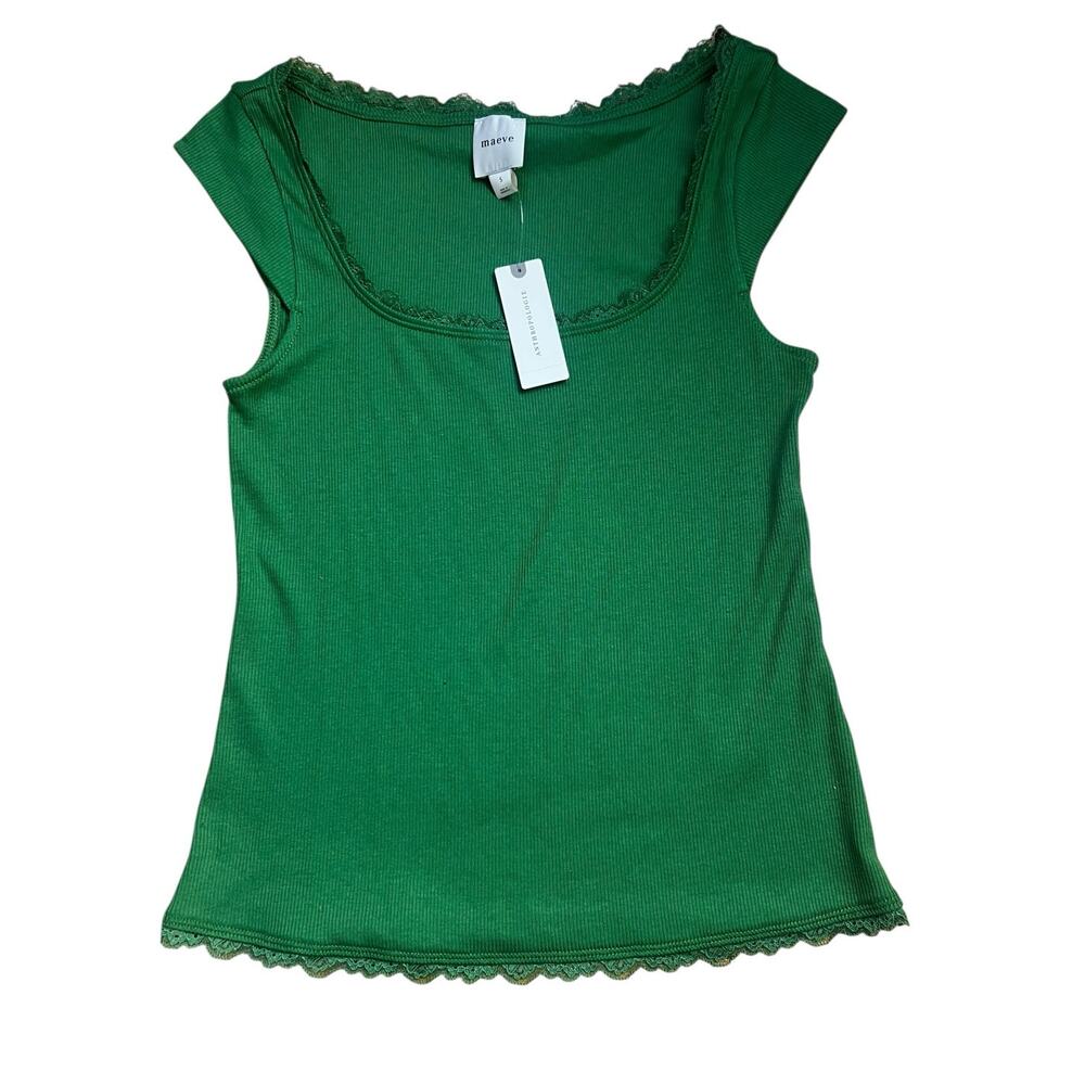 Anthropologie Maeve Green Lace Trim Cap Sleeve Tee Top Size S NWT